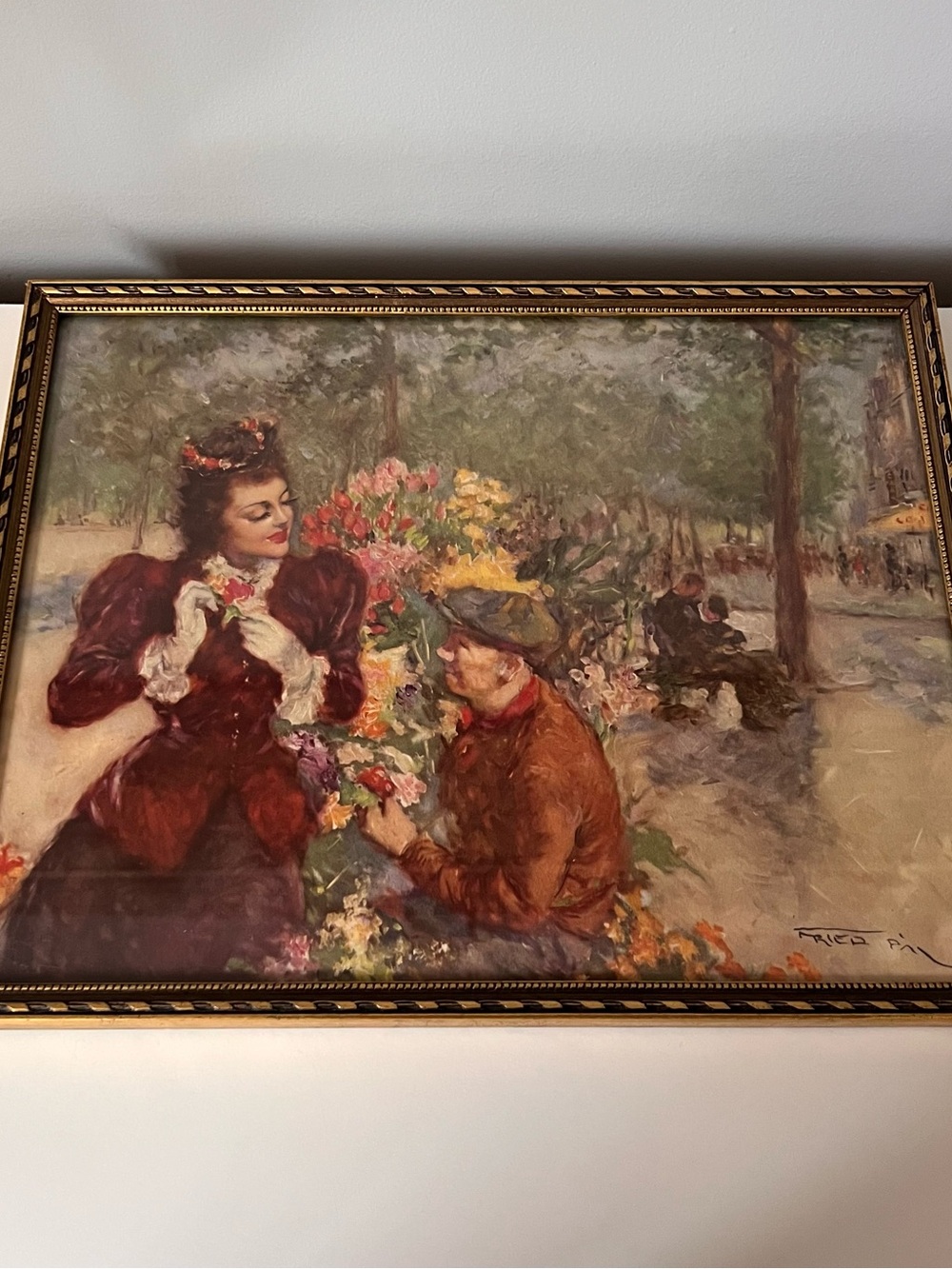 Vintage Framed Pal Fried "Buying Flowers" Impressionist Style Print